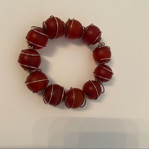BRACELET RED GLASS BALLS SILVER TONE WIRE WRAP SLIP ON STYLE SMALL